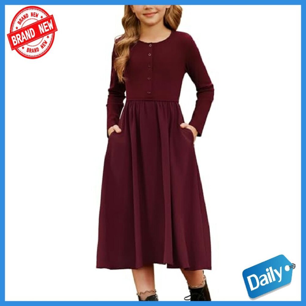 Girls Long Sleeve Maxi Dress with Pockets Formal Casual Polyester Blend - Picture 2 of 8